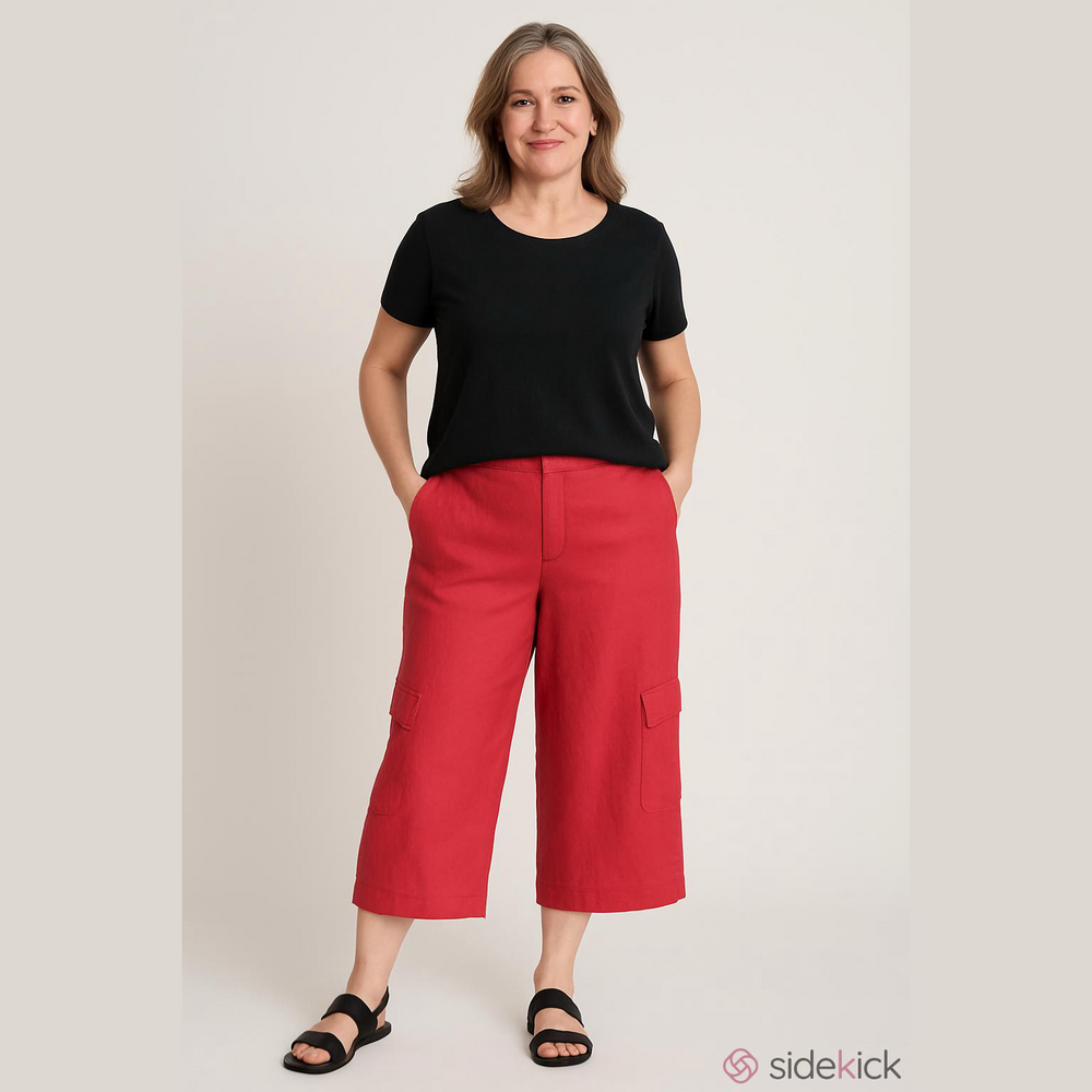 Eileen Fisher coral cargo 100% linen crop wide leg pants Medium